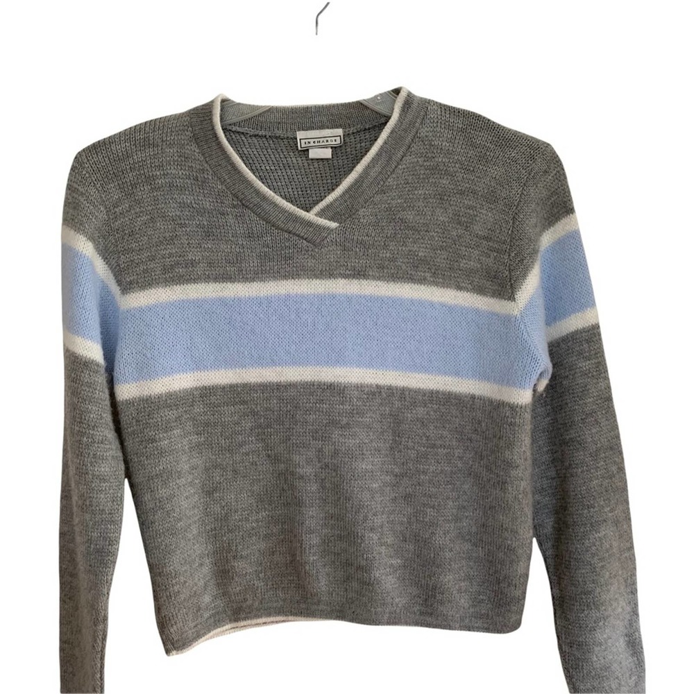 In Charge Grey Crossover V Neck Color Block Stripe Sweater